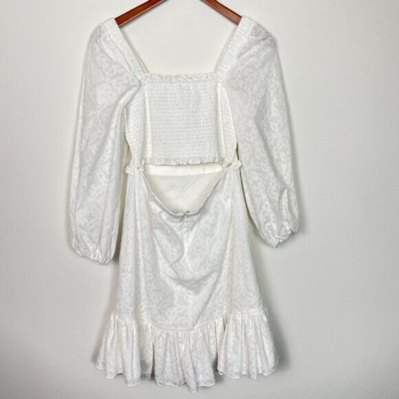 Veronica Beard Revolve Denise Smocked Long Sleeve Eyelet Mini Dress Off White 4 - Picture 4 of 14